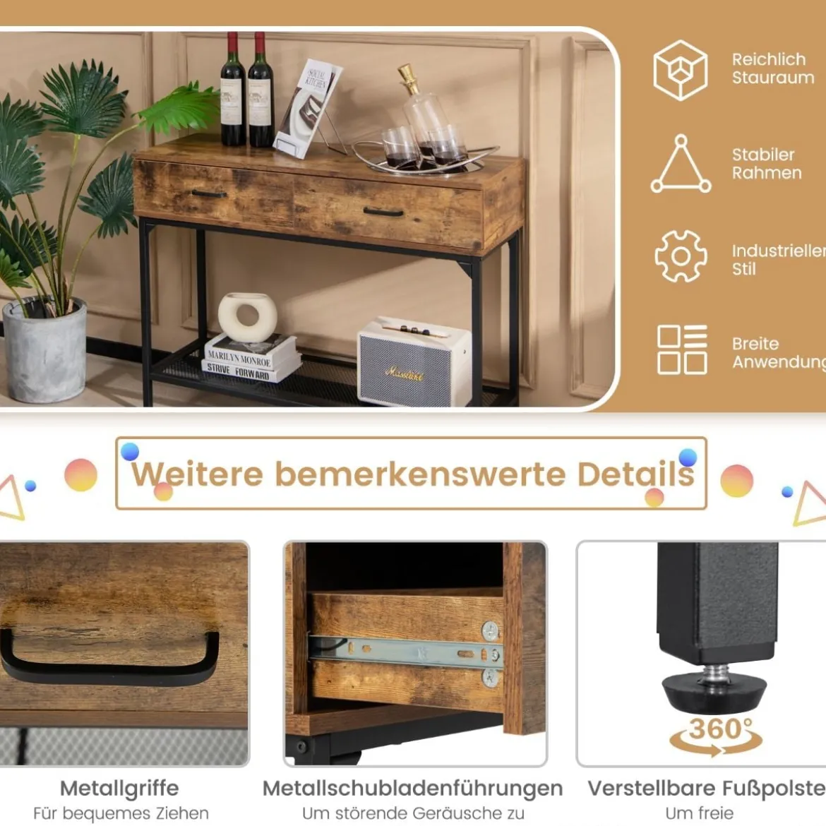 Konsolentisch mit 2 Schubladen Flurtisch Schlanker Eingangstisch 100 x 35 x 76 cm Rustikales Braun