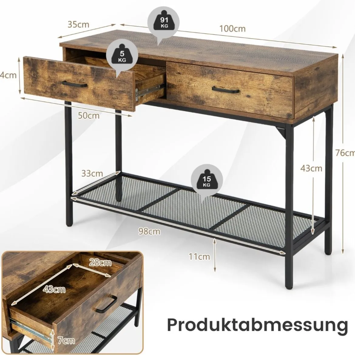 Konsolentisch mit 2 Schubladen Flurtisch Schlanker Eingangstisch 100 x 35 x 76 cm Rustikales Braun