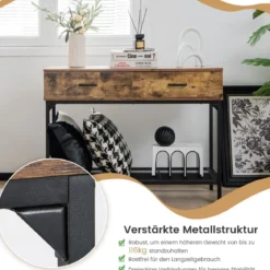 Konsolentisch mit 2 Schubladen Flurtisch Schlanker Eingangstisch 100 x 35 x 76 cm Rustikales Braun