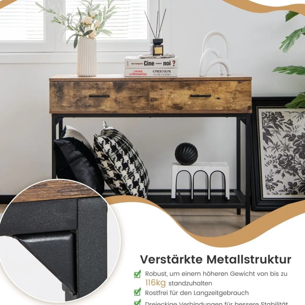 Konsolentisch mit 2 Schubladen Flurtisch Schlanker Eingangstisch 100 x 35 x 76 cm Rustikales Braun