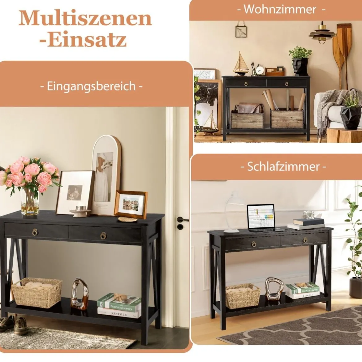 Konsolentisch mit Schublade und offenem Regal multifunktionaler Präsentationstisch Schwarz