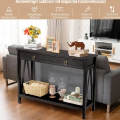 Konsolentisch mit Schublade und offenem Regal multifunktionaler Präsentationstisch Schwarz