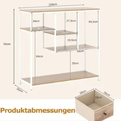 Konsolentisch mit Stauraum Industrieller Beistelltisch mit Vliesstoffschublade & Regale Natur