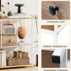 Konsolentisch mit Stauraum Industrieller Beistelltisch mit Vliesstoffschublade & Regale Natur