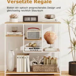 Konsolentisch mit Stauraum Industrieller Beistelltisch mit Vliesstoffschublade & Regale Natur