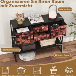 Konsolentisch Mit 4 Stoffschubladen Regal Metallrahmen Holz Mosaikmuster Kaffee & Schwarz