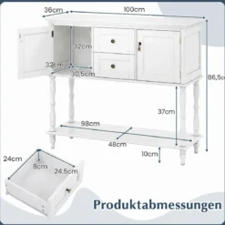 Konsolentisch Vintage mit Antiken Messinggriffen 2 Schubladen & 2 Schränken 100 x 36 x 86,5 cm Weiß