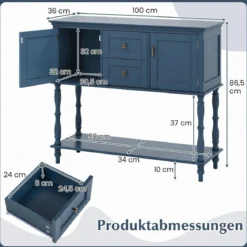 Konsolentisch Vintage mit Antiken Messinggriffen 2 Schubladen & 2 Schränken 100 x 36 x 86,5 cm Blau