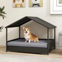 Korbhundehütte mit Baldachin erhöhtes Rattansofa für kleine und mittelgroße Hunde bis 60 kg Grau