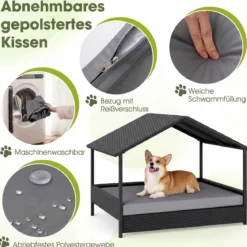 Korbhundehütte mit Baldachin erhöhtes Rattansofa für kleine und mittelgroße Hunde bis 60 kg Grau