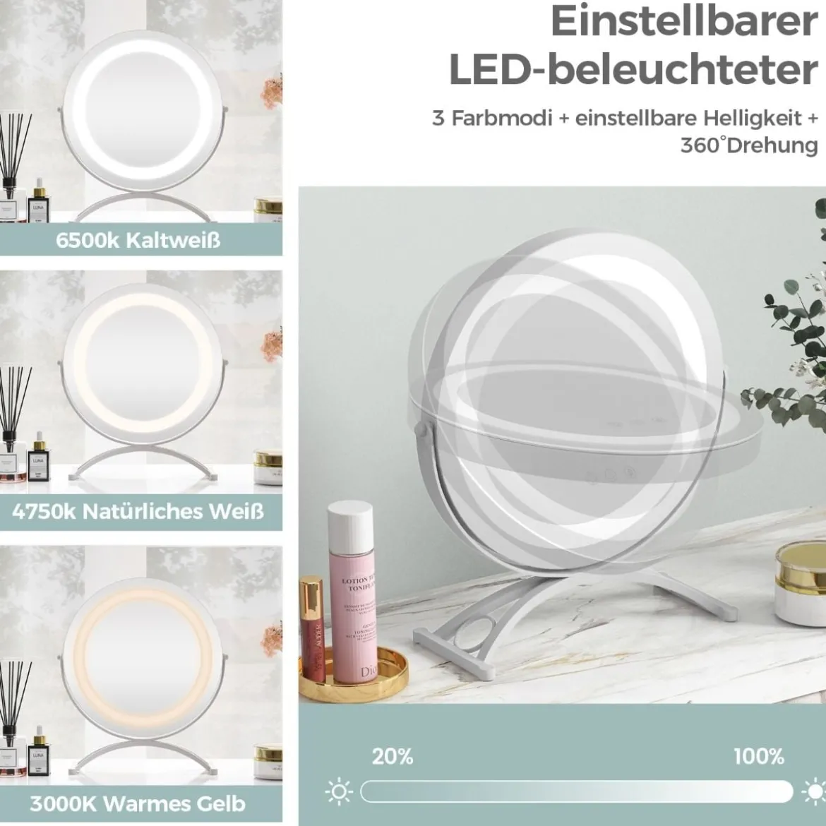 Kosmetikspiegel mit 30 cm Durchmesser & Beleuchtung 3-farbiger dimmbarer LED-Spiegel Weiß