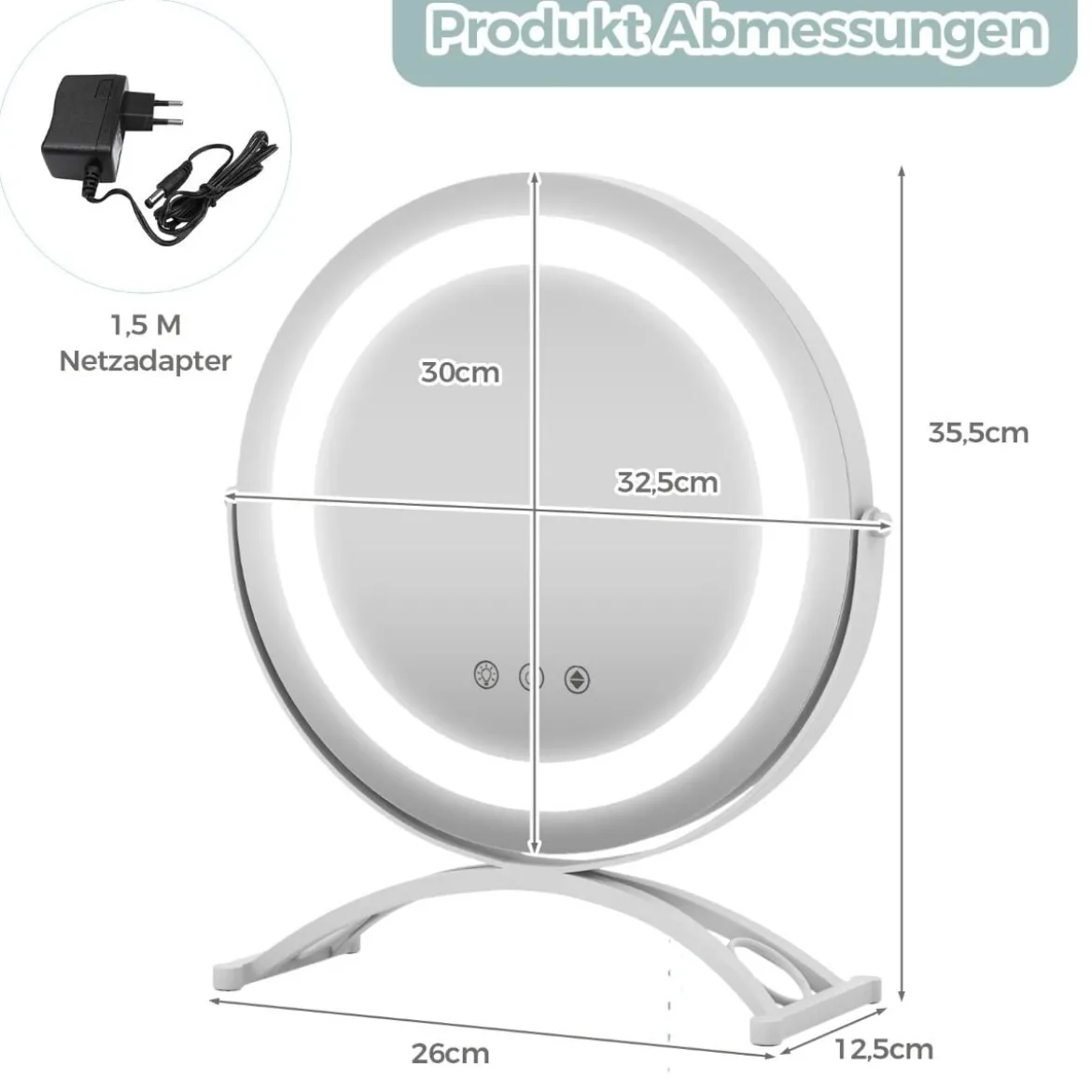 Kosmetikspiegel mit 30 cm Durchmesser & Beleuchtung 3-farbiger dimmbarer LED-Spiegel Weiß