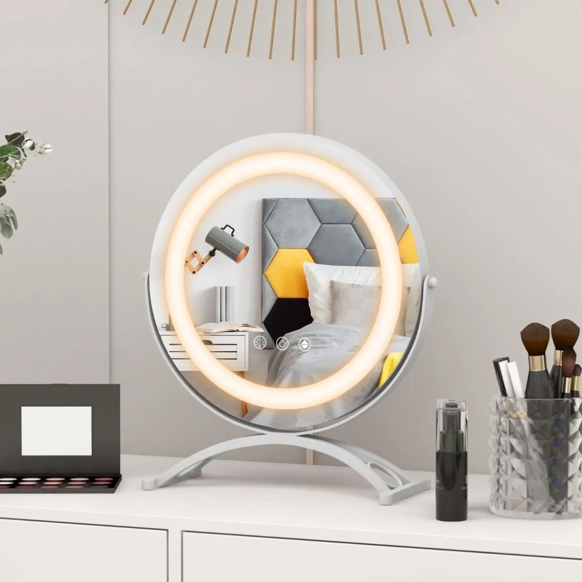 Kosmetikspiegel mit 30 cm Durchmesser & Beleuchtung 3-farbiger dimmbarer LED-Spiegel Weiß
