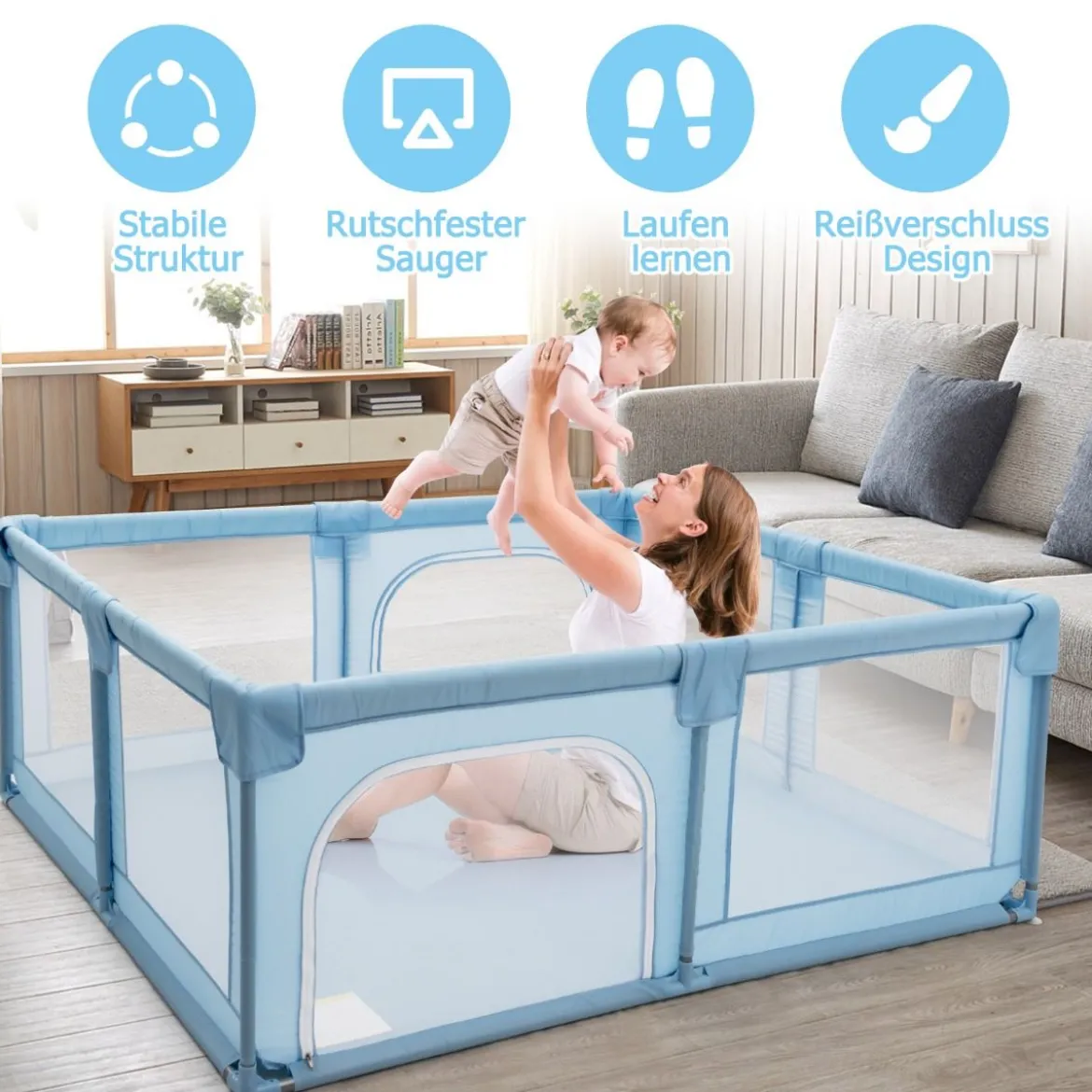 Krabbelgitter 150 x 190 cm Baby Laufstall mit 2 Türen Blau
