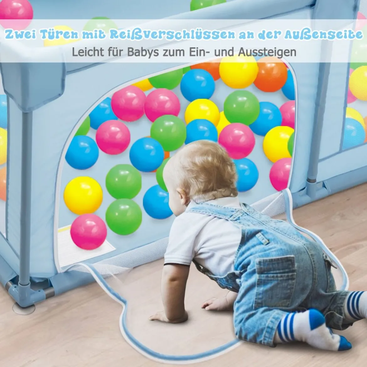 Krabbelgitter 150 x 190 cm Baby Laufstall mit 2 Türen Blau