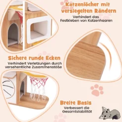 Kratzbaum aus Holz 120 cm großer Kletterturm mit Sportthema mit 2-stöckigem Katzenhaus Natur