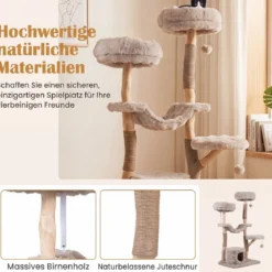 Kratzbaum 147 cm Katzenkratzbaum mit Höhle Hängematte & 3 Plattformen aus Massivholz & Plüsch
