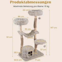 Kratzbaum 147 cm Katzenkratzbaum mit Höhle Hängematte & 3 Plattformen aus Massivholz & Plüsch