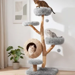 Kratzbaum 134 cm 5-stöckig Katzenbaum mit Höhle Hängeball Gepolsterte Plattformen & Kratzsäulen Grau