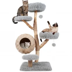 Kratzbaum 134 cm 5-stöckig Katzenbaum mit Höhle Hängeball Gepolsterte Plattformen & Kratzsäulen Grau