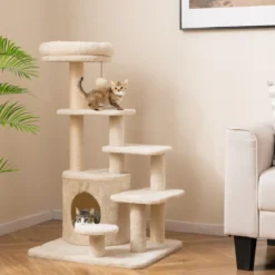 Kratzbaum holz 102cm mehrstufiger Katzenturm mit Höhle gepolstertem Aussichtsplatz Sisal-Kratzpfosten Beige