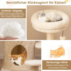 Kratzbaum holz 102cm mehrstufiger Katzenturm mit Höhle gepolstertem Aussichtsplatz Sisal-Kratzpfosten Beige