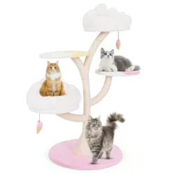 Kratzbaum Holz süßer Katzenbaum mit 2 Liegeflächen & 2 Plattformen & Spielball & Sisalstämmen Weiß+Rosa