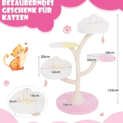 Kratzbaum Holz süßer Katzenbaum mit 2 Liegeflächen & 2 Plattformen & Spielball & Sisalstämmen Weiß+Rosa