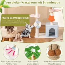 Kratzbaum im Strand-Design mit 2 Katzenhäusern & Aussichtsplattform Katzenturm Katzenbaum