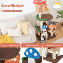 Kratzbaum in Pilzoptik Katzenbaum mit 2 Katzenhöhlen & Sisal-Kratzbrett & Plattformen & Spielball 69 x 49 x 146 cm