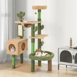 Kratzbaum Kaktus Katzenbaum mit Plattformen Bürste Spielzeug Sisalseil Grün + Braun