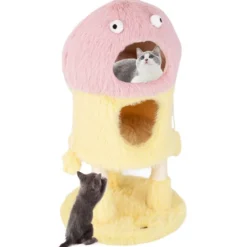 Kratzbaum Klein 93cm hoch Monster-Thema Katzenbaum mit 2 Katzenhöhlen Rosa+Gelb