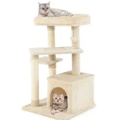 Kratzbaum Klein 85cm Katzenbaum mit Katzenhöhle & weicher Sitzfläche Beige/Grau