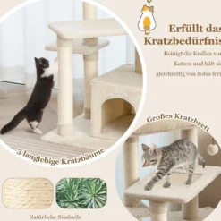 Kratzbaum Klein 85cm Katzenbaum mit Katzenhöhle & weicher Sitzfläche Beige/Grau