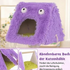 Kratzbaum Klein 111cm Monster-Thema Katzenbaum mit 2 Katzenhöhlen & abnehmbarem Oberteil Lila