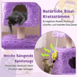 Kratzbaum Klein 111cm Monster-Thema Katzenbaum mit 2 Katzenhöhlen & abnehmbarem Oberteil Lila
