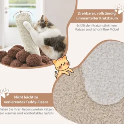Kratzbaum Kratztonne in Milchteeform mit Sisalpfosten & baumelndem Ballspielzeug Beige
