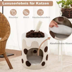 Kratzbaum Kratztonne in Milchteeform mit Sisalpfosten & baumelndem Ballspielzeug Beige