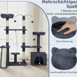 Kratzbaum mit Drehbares Design Katzenbaum mit Katzenhöhle & Rampe Kletterbaum Dunkelgrau
