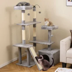 Kratzbaum mit Drehbares Design Katzenbaum mit Katzenhöhle & Rampe Kletterbaum Hellgrau