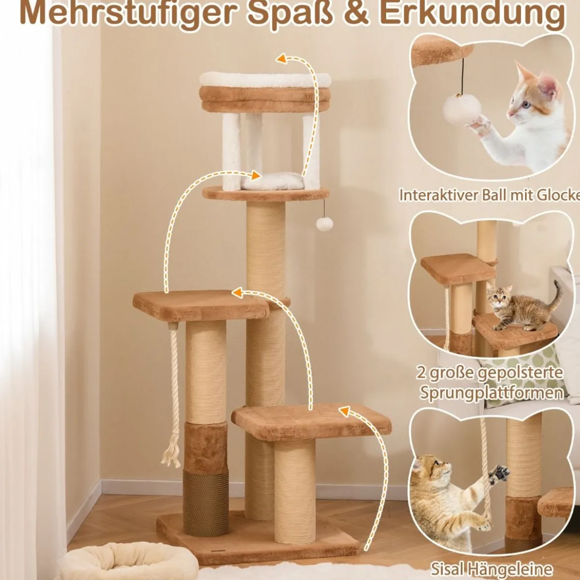 Kratzbaum mit Fellbürste & Gepolsterter Sitzfläche & Abnehmbarem Katzenbett