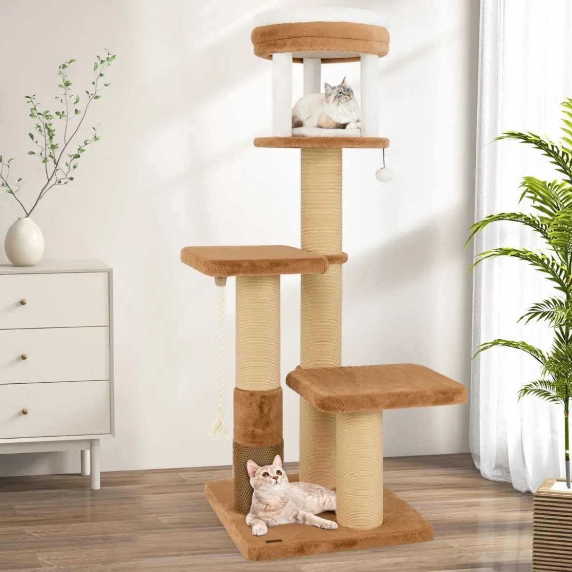 Kratzbaum mit Fellbürste & Gepolsterter Sitzfläche & Abnehmbarem Katzenbett
