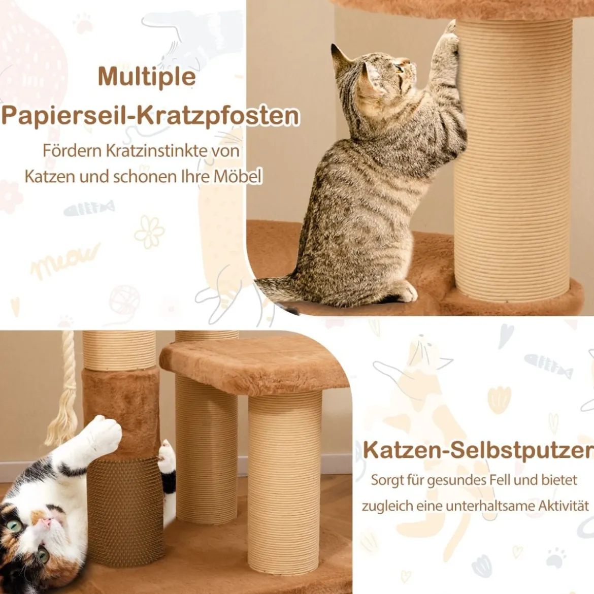 Kratzbaum mit Fellbürste & Gepolsterter Sitzfläche & Abnehmbarem Katzenbett
