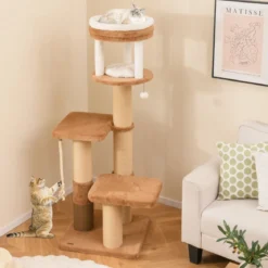 Kratzbaum mit Fellbürste & Gepolsterter Sitzfläche & Abnehmbarem Katzenbett