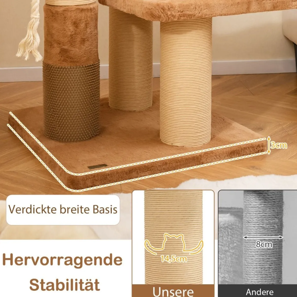 Kratzbaum mit Fellbürste & Gepolsterter Sitzfläche & Abnehmbarem Katzenbett
