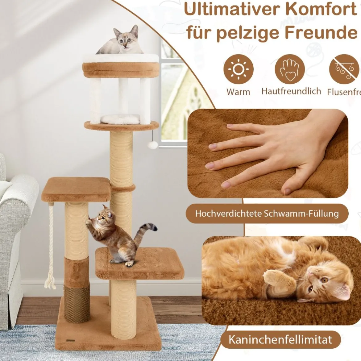 Kratzbaum mit Fellbürste & Gepolsterter Sitzfläche & Abnehmbarem Katzenbett