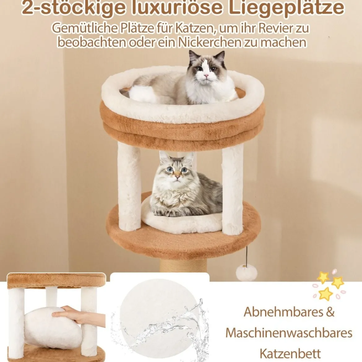 Kratzbaum mit Fellbürste & Gepolsterter Sitzfläche & Abnehmbarem Katzenbett