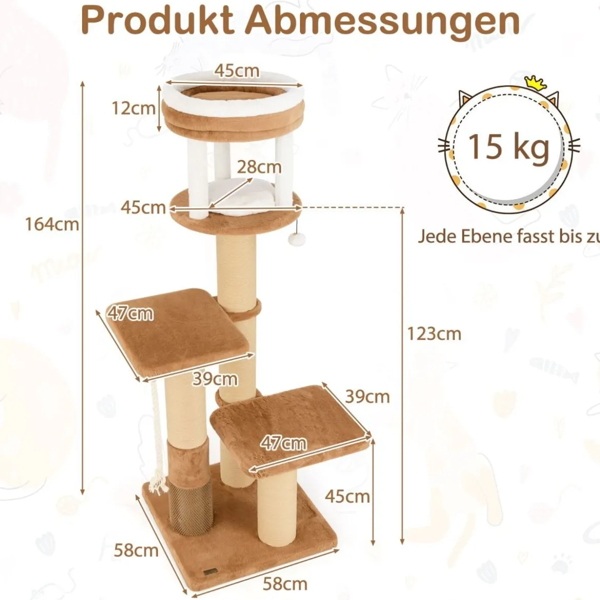 Kratzbaum mit Fellbürste & Gepolsterter Sitzfläche & Abnehmbarem Katzenbett