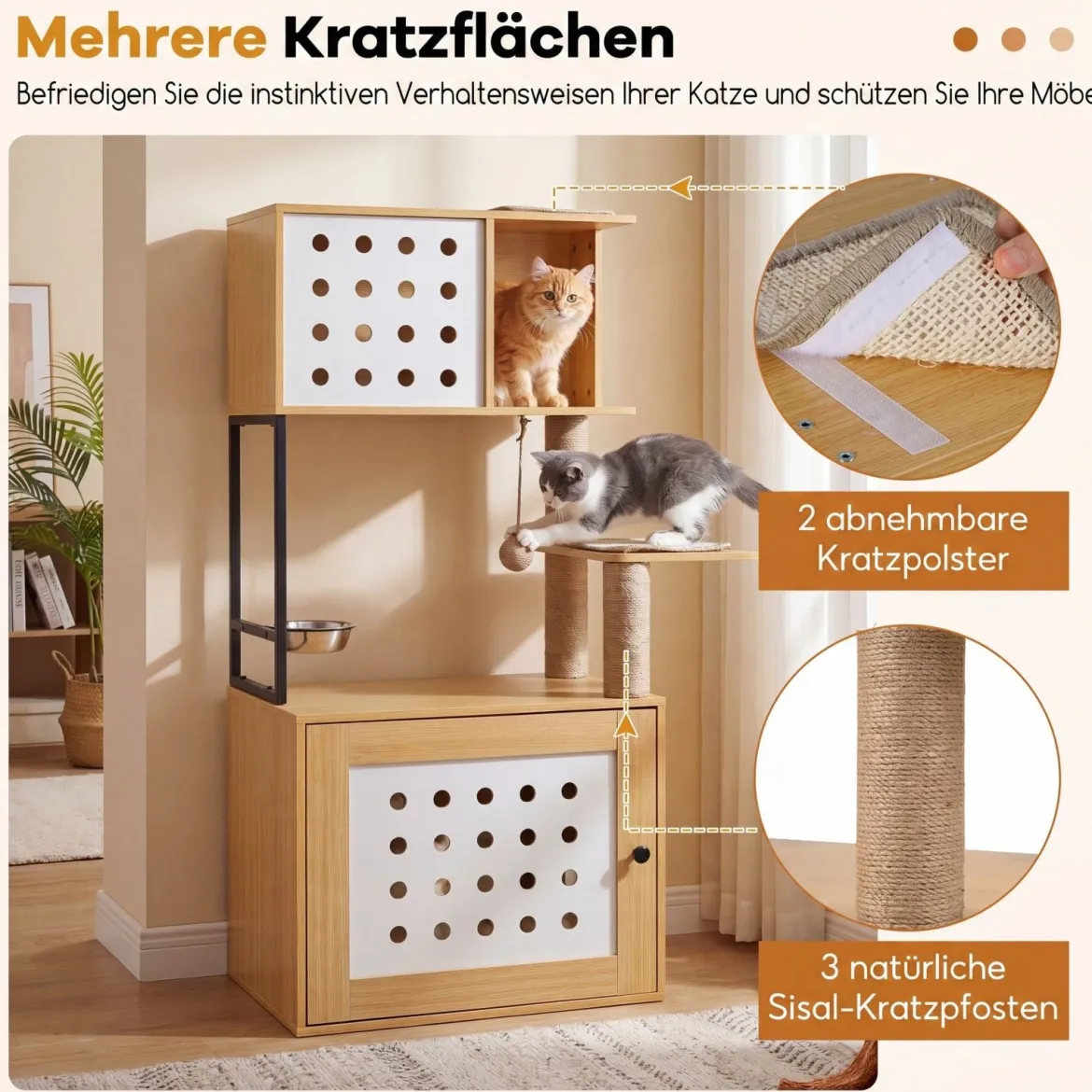 Kratzbaum mit Katzenklo-Schrank 117,5 cm Mehrstöckiger Katzenbaum Katzenkratzbaum Natur