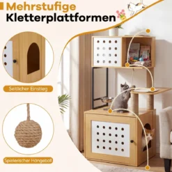 Kratzbaum mit Katzenklo-Schrank 117,5 cm Mehrstöckiger Katzenbaum Katzenkratzbaum Natur